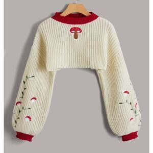 Romwe Mushroom Pattern Cottagecore Contrast Trim Crop Sweater Size L